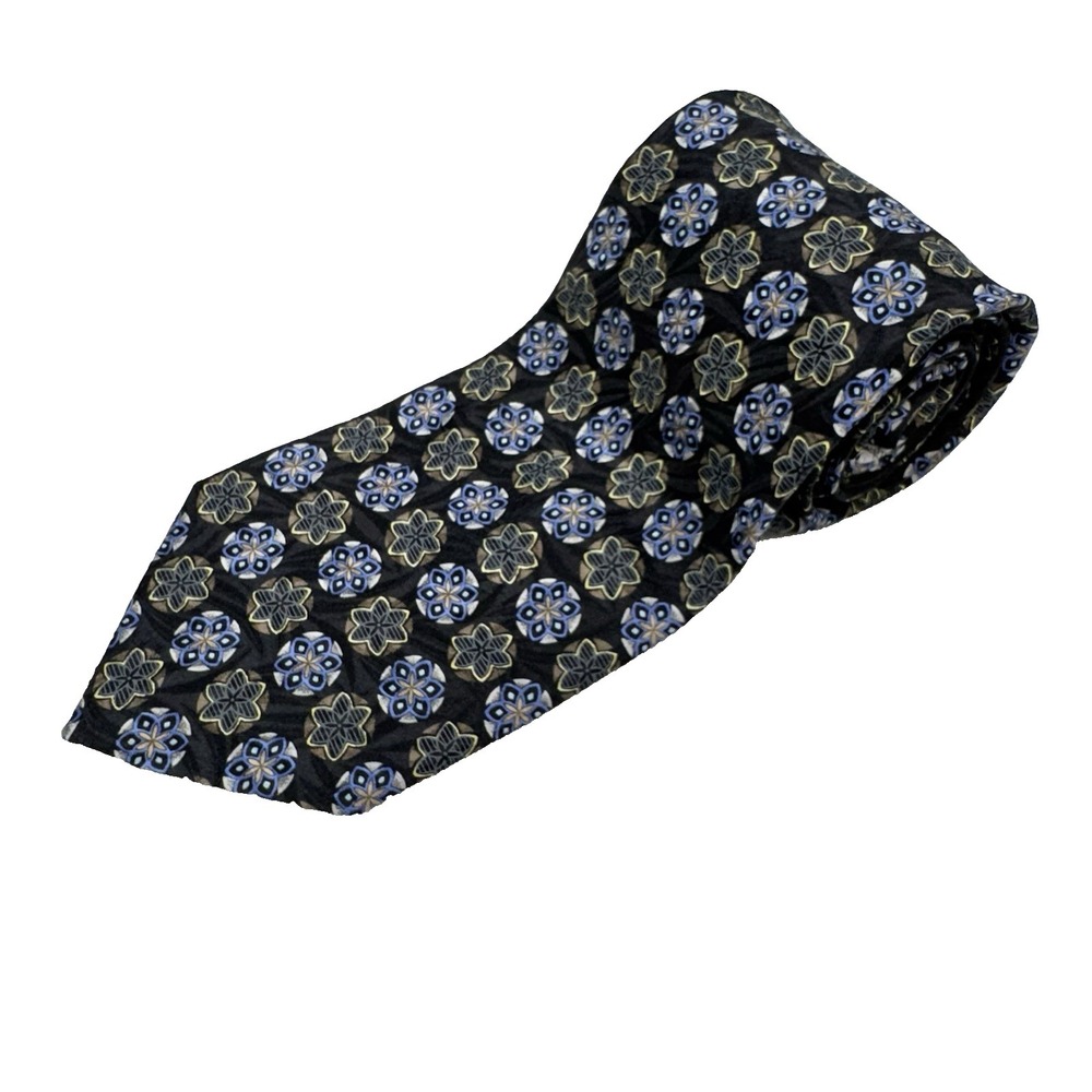 Ermenegildo Zegna 100% Silk Tie Geo Floral Rosette Lattice Italy Made Blue Black